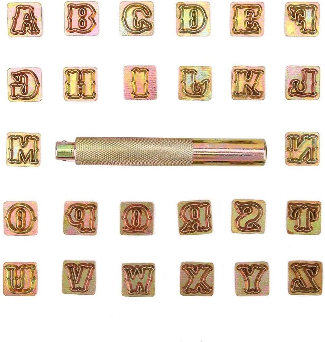 Metalen stempelset voor leer met 26 letters A-Z en slaghamer