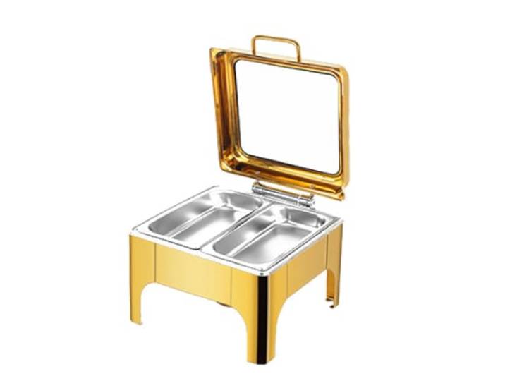 Chafing Dishes aus Edelstahl for Buffet Goldenes, quadratisches Chafing Dish-Set mit transparentem Deckel(2 grids)