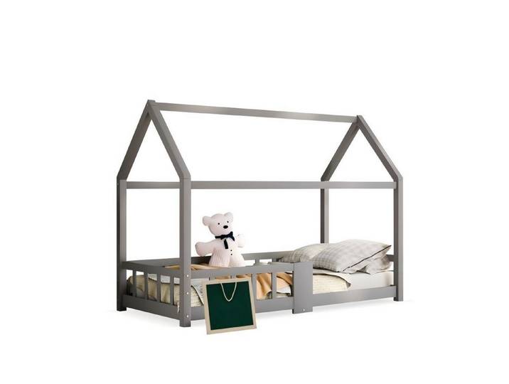 Odikalo Kinderbett Holzbett m. Tafel Lattenrosten Rausfallschutz, Kiefer, Weiß/Grau,B90cm