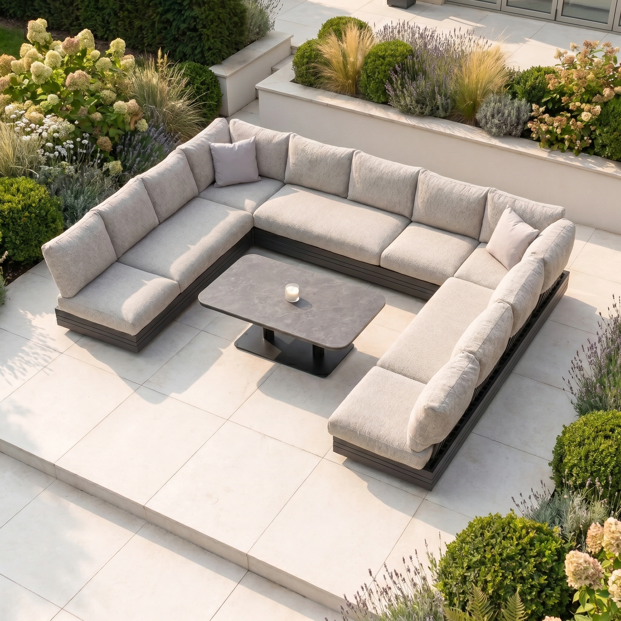 Harbour Lifestyle Savona Luxury Outdoor Large U-Shape Corner Sofa Set with Altura Rising Table in Truffle