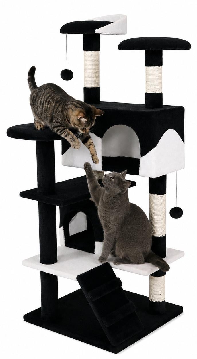 Lionto Kattenkrabboom met 2 holtes, trap en 3 ligvlakken, Zwart/Wit, Hoogte: 130 cm