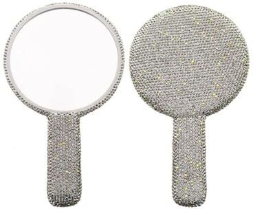 Uplift Picks Glam Rhinestone Handheld Makeup Mirror Heart Round Square Portable Beauty Mirror silver (round)
