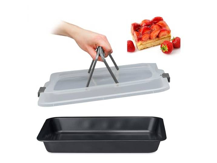 Relaxdays bakvorm met deksel, taart en cake meenemen, 3 in 1, BxD: 40 x 32,5 cm, bakblik, transportbox, zwart/grijs