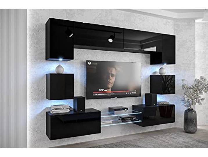Furnitech Wohnwand Wohnzimmer - Hängend Wohnwand Modern Schrankwand mit Regale und TV Schrank Möbel ohne LED (Nowara ANX1-17B-HG20-1A)