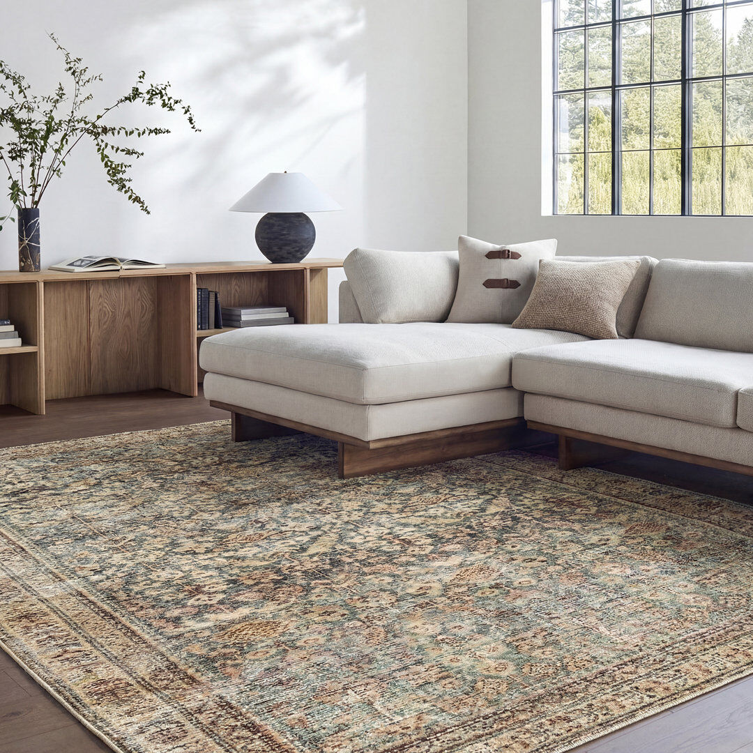 Marlow Home Co. Galey Alix x Livabliss Collins Avenue III-Vintage Green Brown Beige Traditional Vintage Boho Fringe Living Dining Bedroom Rug Dark Green, Ivory, Rust, Brown, Beige Rectangle 198 x 275 cm