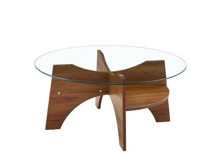 Vexelus Runder Couchtisch 80 cm MDF‑Sicherheitsglas, Nussbaum‑Holzoptik‑Gestell, Wohnzimmer