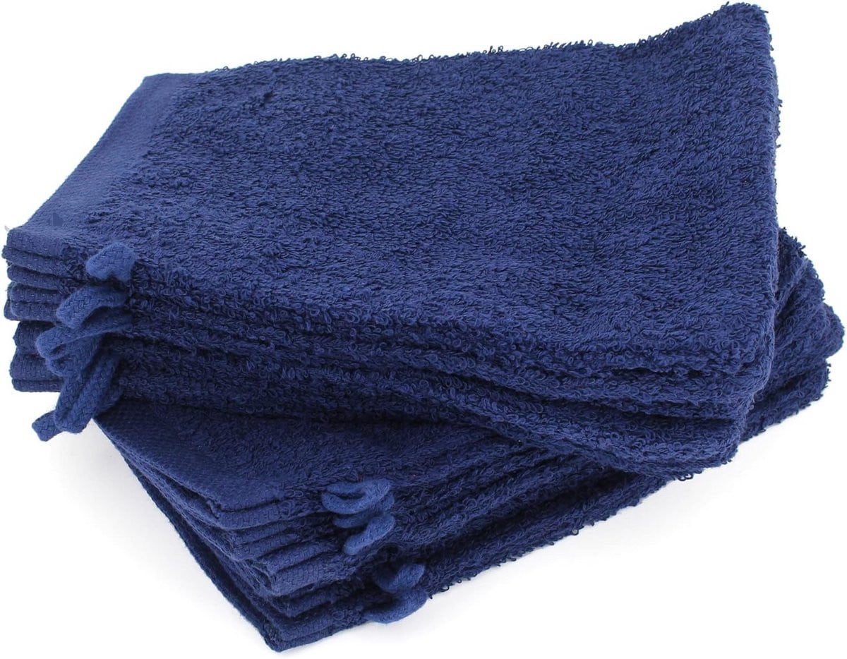 Set van 12 marineblauwe washandjes van katoen, 16 x 21 cm