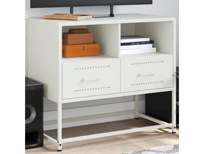 HEFZGDB TV-Schrank Weiß 68x39x60,5 cm Stahl Industrie-Stil mit 2 offenen Fächern und 2 Schubladen Stauraum Möbel Robustes Gestell langlebig Wohnzimmer Schlafzimmer Aufbewahrung