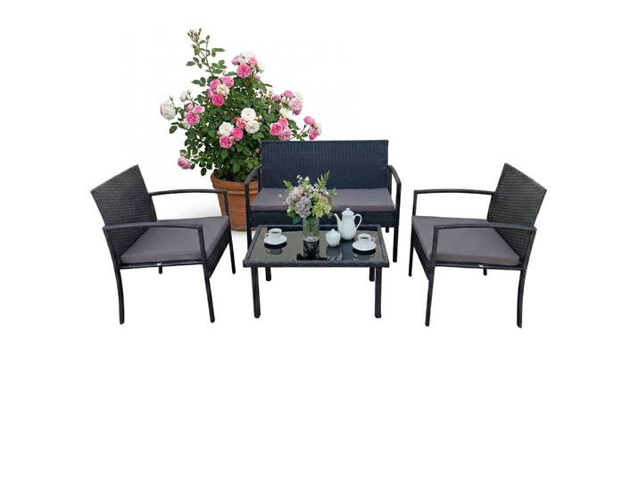 Gartenmöbel 4er-Set Rattan Schwarz-Grau