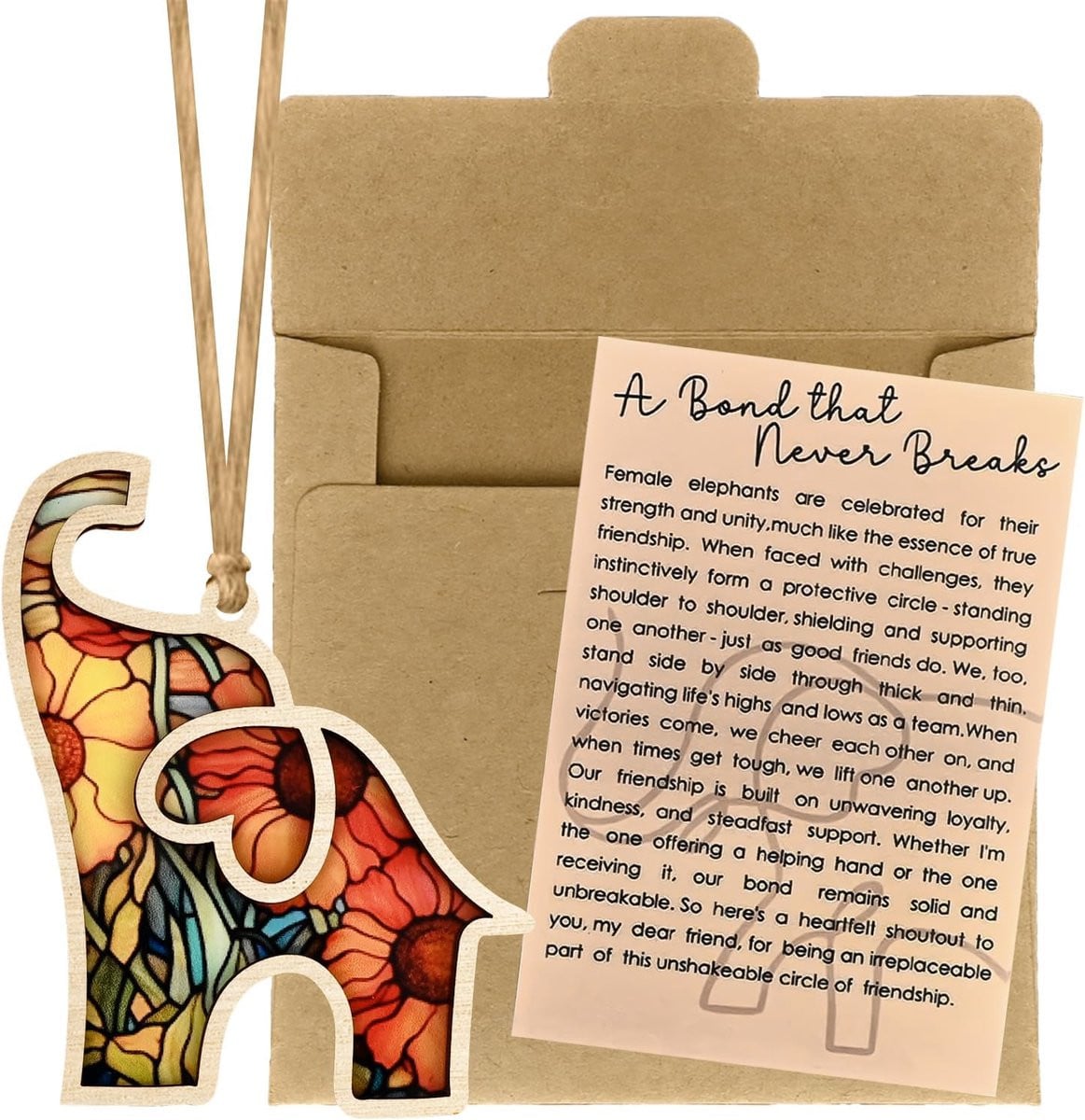 Houten olifant ornament kleurrijke decoratie met verhaalkaart