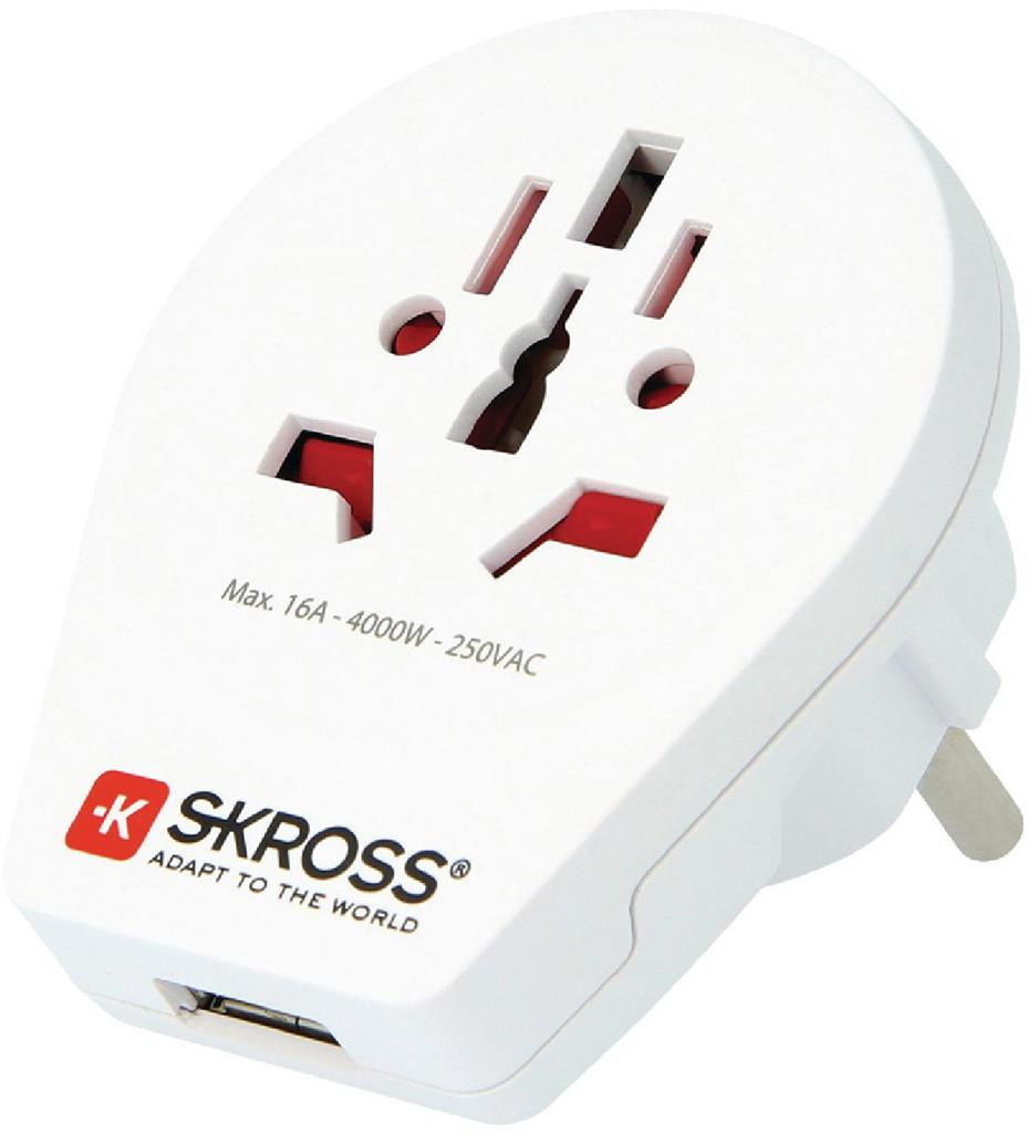 Skross landadapter wereldstekker naar Europees stopcontact met USB, 2/3-polig, wit