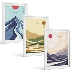 BILDER SET 3er Set - 40x60 cm Weißer Rahmen - Pastellfarbene Berge im Japandi-Stil