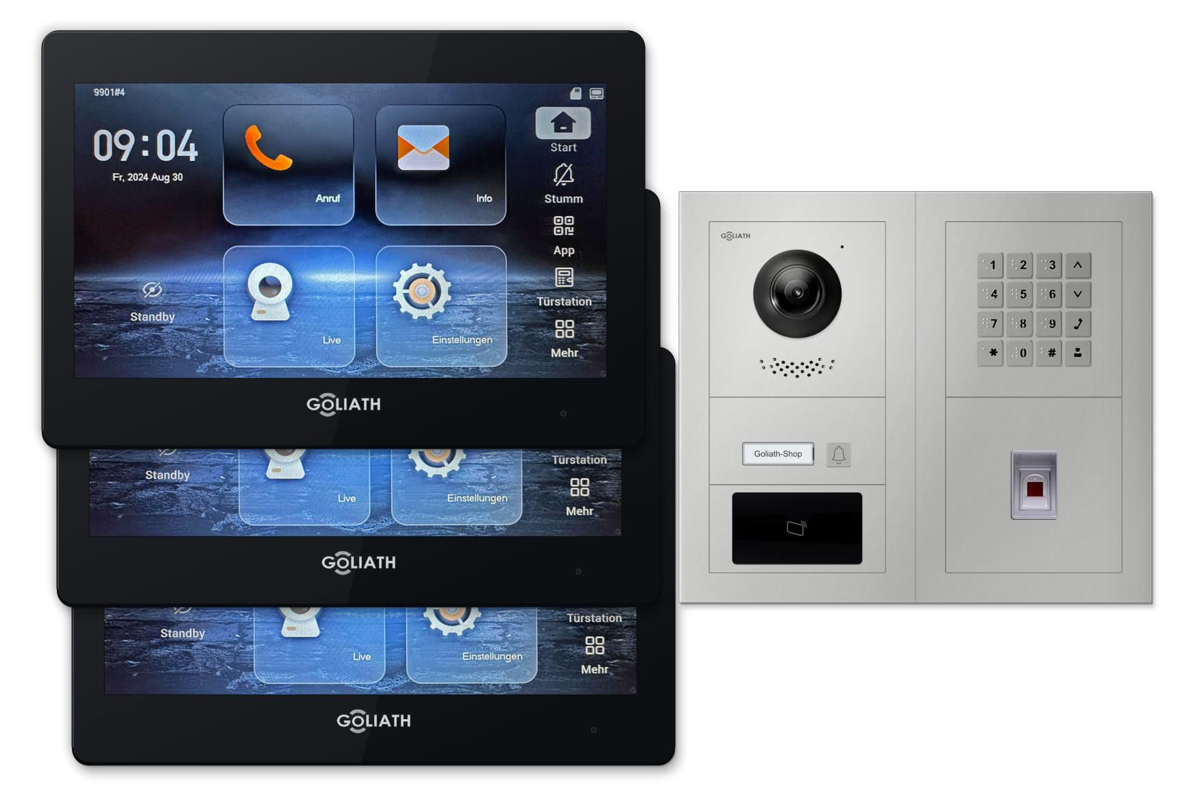 Goliath Premium IP GL-IPH199.19 Video-Türsprechanlage, 1 Familie, 3× 7 Zoll Schwarz, Silber, Aufputz, Fingerprint/RFID/Zahlencode