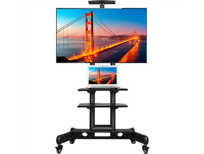 Yaheetech TV-Ständer TV-Halterung mit Doppelstangen, (bis 60 Zoll, Höhenverstellbarer Fernsehständer TV-Standfuß TV-Rack mit Tablett)