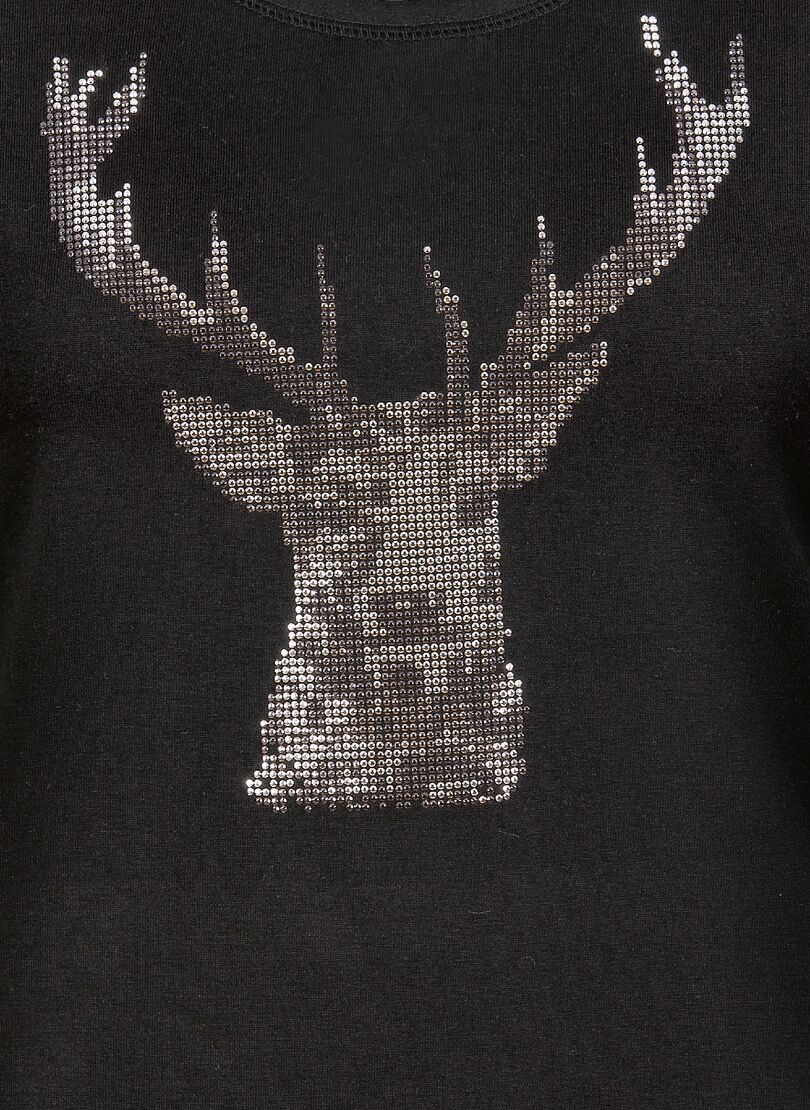 T-Shirt TRIGEMA "TRIGEMA T-Shirt Glitzer-Hirsch", Damen, Gr. S, schwarz, Single Jersey, 100% Baumwolle, lang, Rundhals, Shirts T-Shirt schwarz S