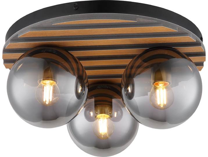 Plafonnier\, métal\, noir mat\, verre fumé\, MDF\, D 39 cm