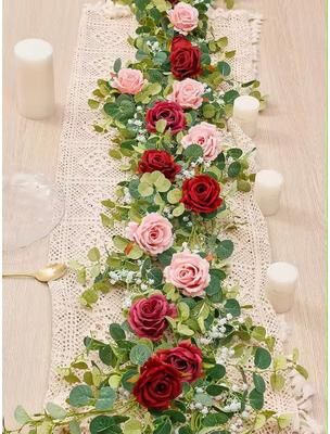 Inspired Living Evergreen Eucalyptus & Rose Garland 5.9 Ft Faux Floral Vine For Home, Wedding & Party Decor h