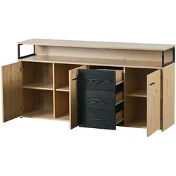 Sideboard 150x35x75 Schwarz-Holz mit 3 Türen, 3 Schubladen, verstellbaren Regalen, offenen Fächern, modernes Design für Wohnzimmer Esszimmer