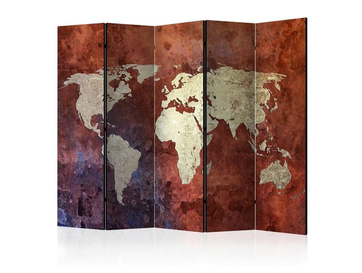 artgeist Paravent, Beige, Cognac, Holz, Kiefer, massiv, Weltkarte, 225x172x3 cm, Motiv auf Vorder- und Rückseite, Wohnzimmer, Raumteiler, Paravents