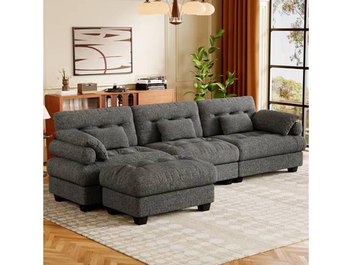 Vipbear L-Form Cloud Ecksofa Sofa Couch,4 Siter Modernes Modulares Sektionssofa Sofa mit Ottomane und Armlehnen/Dekokissen,Sofa mit Schlaffunktion für Wohnzimmer Schlafzimmer,Chenillestoff,Grau