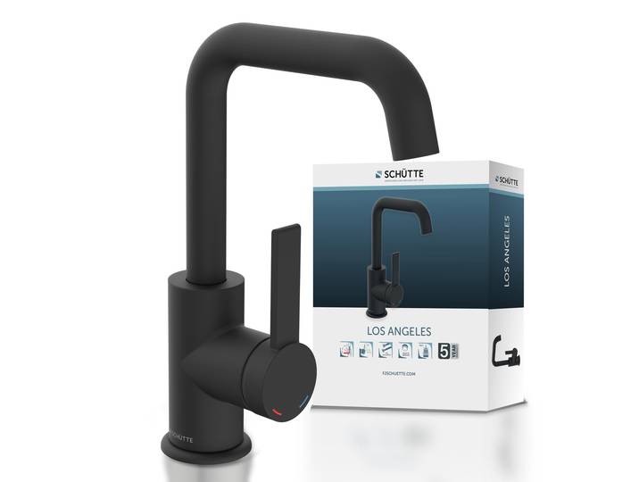 Waschtischarmatur SCHÜTTE »LOS ANGELES« , schwarz (schwarz matt), B:5cm H:24,5cm T:17,5cm Ø:5cm, Messing, Armaturen, Waschtischarmatur, Praktische Cold-Start-Funktion zum Energiesparen