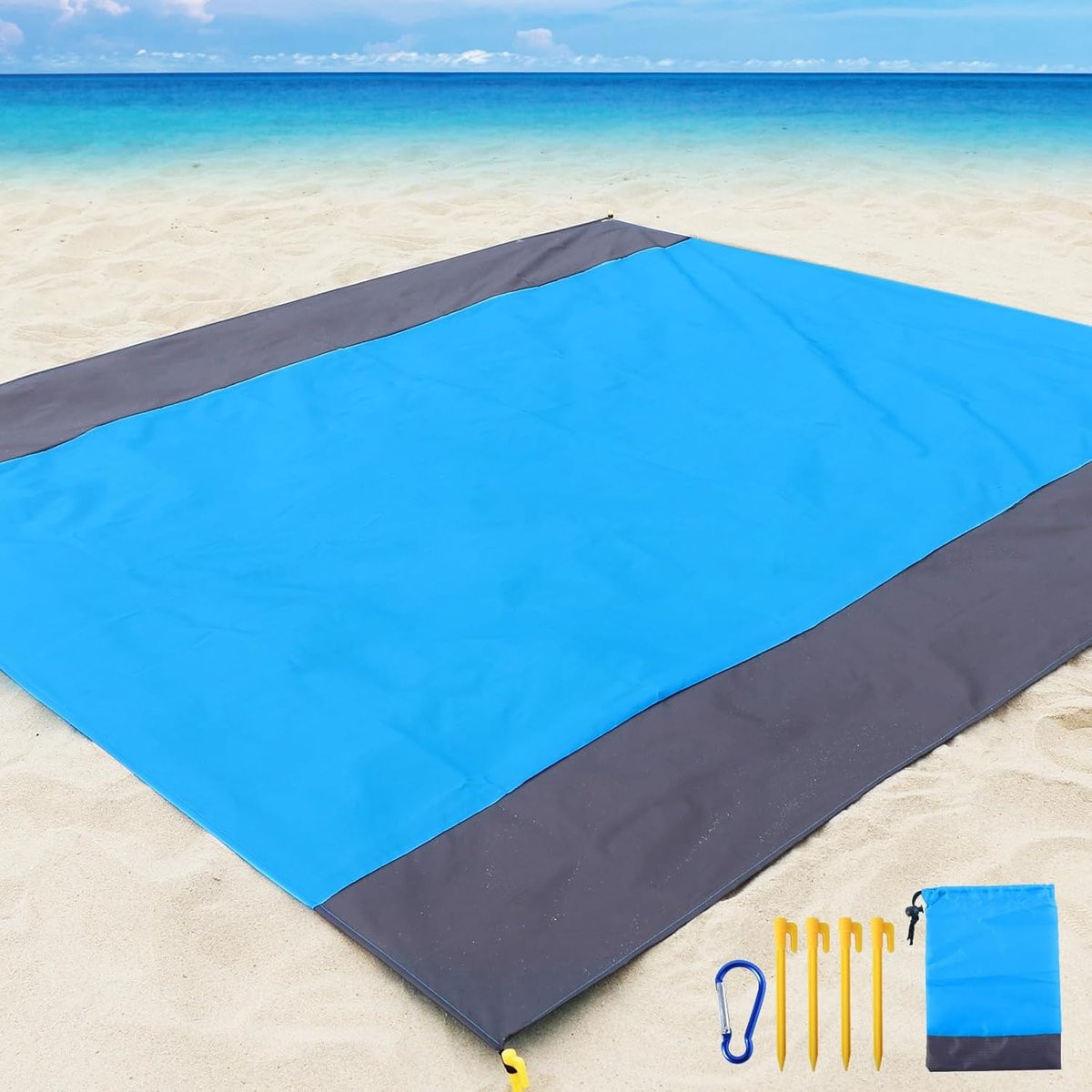 FluxGoods Extra Groot Strandlaken met Opbergzakje en 4 Pinnen, Zandbestendig Picknickkleed voor 2-8 Personen, B/D: 210 x 200 cm
