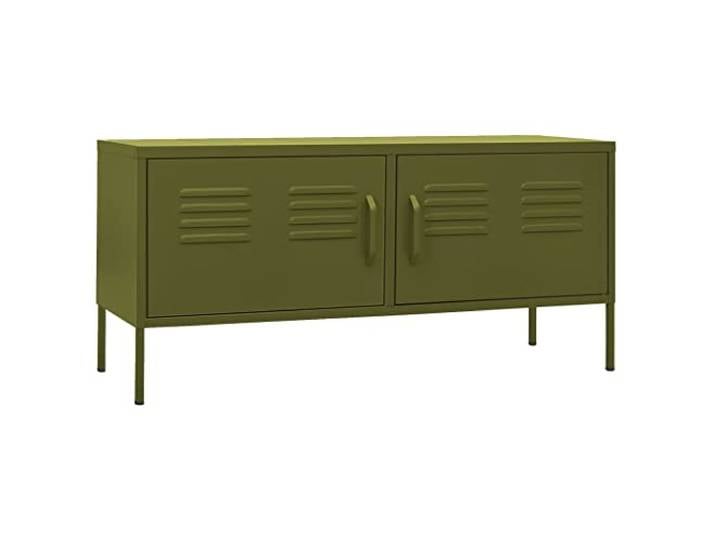 GKHPYURE TV-Schrank Olivgrün 105 x 35 x 50 cm aus Stahl Mit Nivellierern, Kabellöchern, 2 Türen, Belastung 100 kg, Kippsicherung