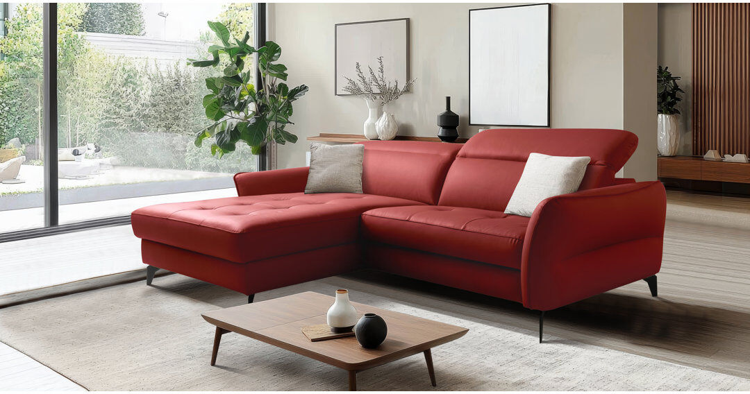 Ivy Bronx Manchester Leather Corner Sofabed with Adjustable Headrests and Storage Red 96cm H X 243cm W X 175cm D