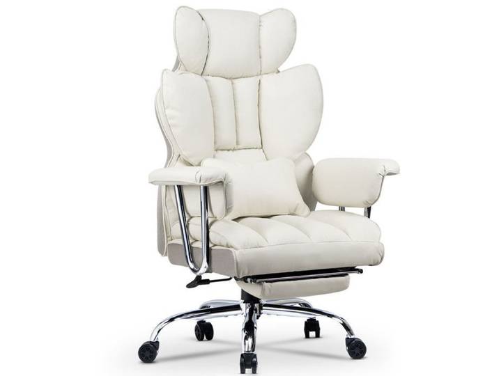 Fauteuil de Bureau - Chaise de Bureau en Cuir à Dossier Grand - soutien lombaire - repose-pieds - accoudoirs allongés - Blanc