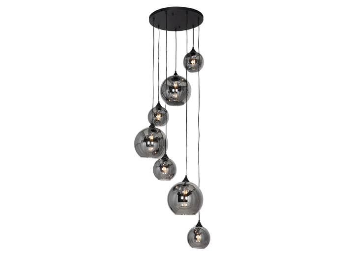 Suspension intelligente noire avec verre fumé rond 7 lumières