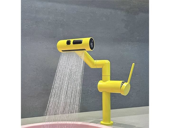 Tuqiu robinet de lavabo de salle de bains jaune, robinet d'évier de salle de bains, robinet d'évier rotatif multifonctions, robinet de lavabo mélangeur chaud et froid grue