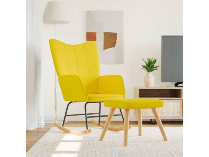 Schaukelstuhl mit Hocker, Senfgelb, Stoff, Relaxsessel, stabil Gepolsterter Schaumstoff, weicher Stoff, Stahlrahmen, Holzschienen, 110 kg, modernes Wohnzimmer