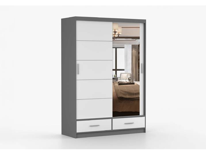 Schwebetürenschrank FLORENCE 150 cm Grau Weiß + Spiegel