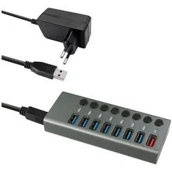 Maxtrack 8 Port USB 3.0 Hub (USB-A, 8 Ports), Dockingstation + USB Hub, Grau, Silber