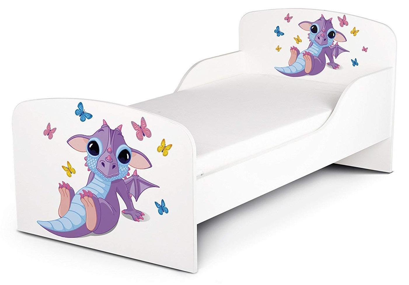 Modern Weißes Holz-Kinderbett mit Matratze 140x70 cm - UV-Druck (Drachen) - Komplettset