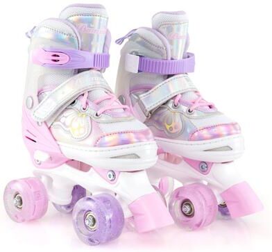 Costway Kids Roller Skates 4 Sizes Adjustable Quad Skates with Light-up Wheels and Safety Protection-Pink