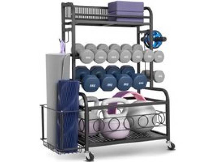 VEVOR Support pour Tapis de Yoga, Organisateur de Matériels d'Entraînement en Acier avec Revêtement en Poudre, Chariot de Rangement Sportif avec Crochets, pour Haltères, Kettlebell, Rouleau en Mousse