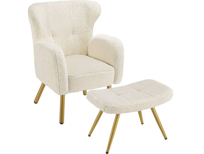 tectake Sessel MIT Hocker Vänersborg, Belastbarkeit 120 kg, Bouclé creme/gold, Creme, Goldfarben, Kunststoff, 72x92x71 cm, Wohnzimmer, Sessel, Polstersessel