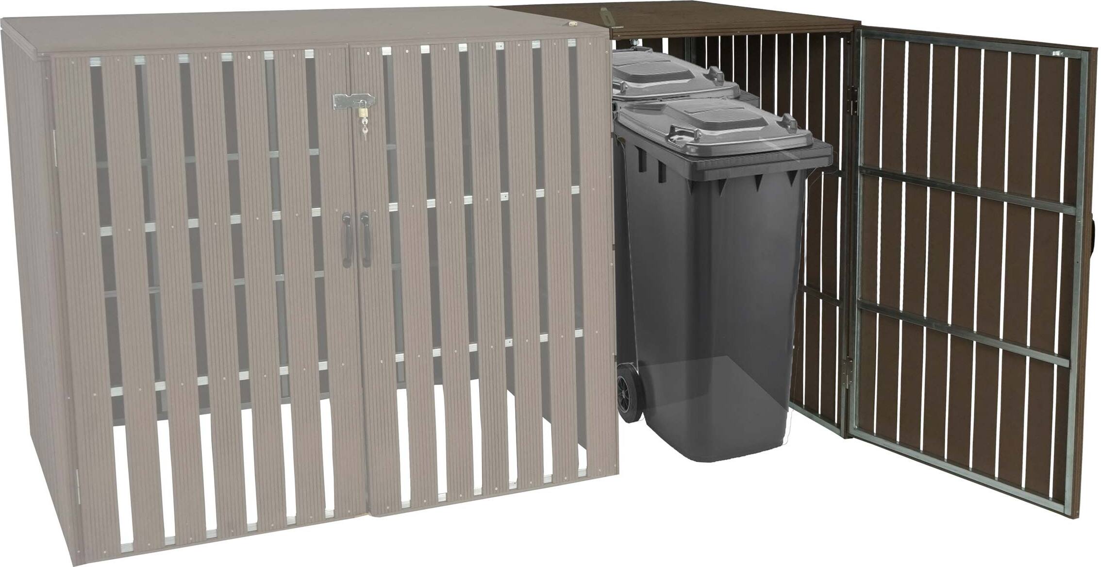 XL 1er-/2er-WPC-Mülltonnenverkleidung Erweiterung HWC-J28, Mülltonnenbox, Metall Holzoptik braun