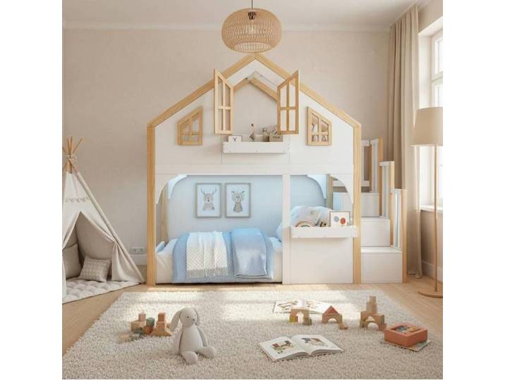 Lit cabane enfant mezzanine AESVAR 90x200 cm avec LED escalier de rangement fenêtres blanc naturel