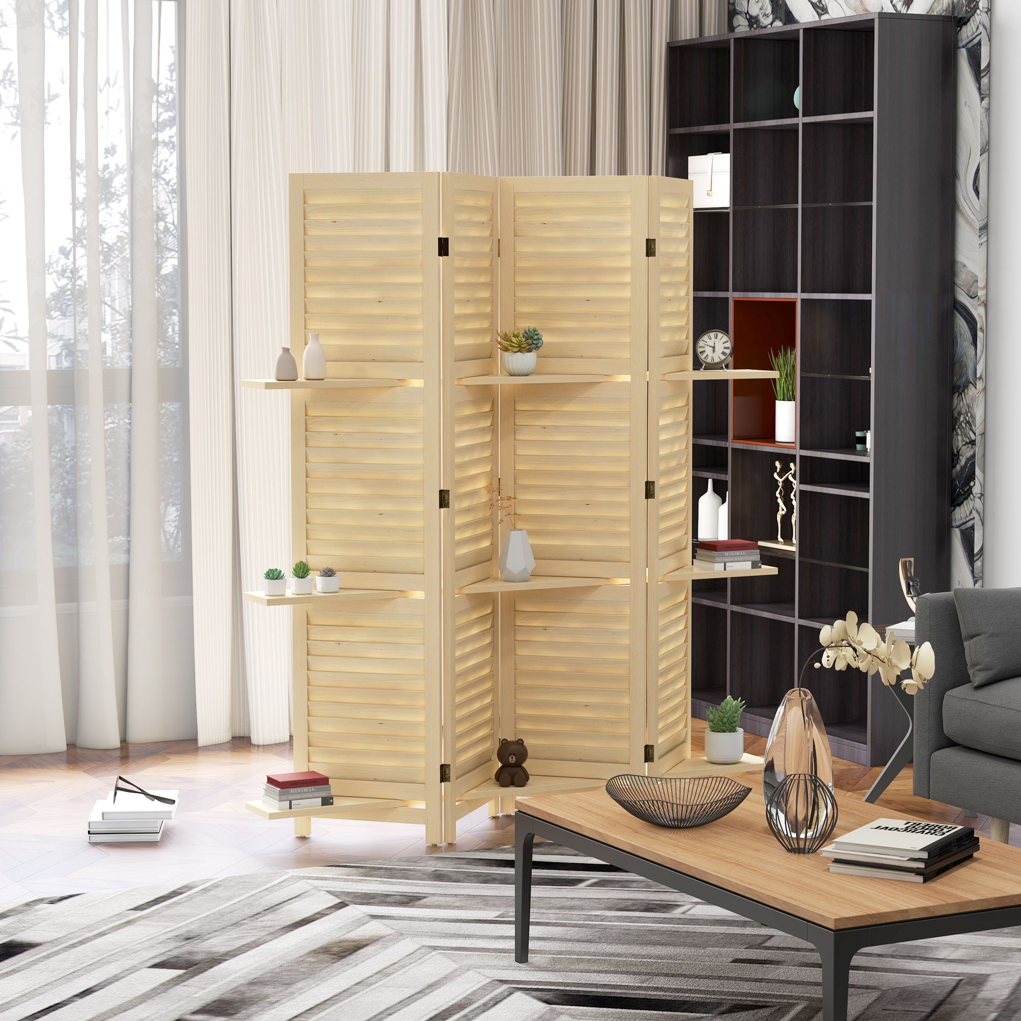 Homcom Paravento interno a 4 pannelli 160L x 170H cm 3 mensole pieghevoli separatore di ambiente porte a persiana naturale