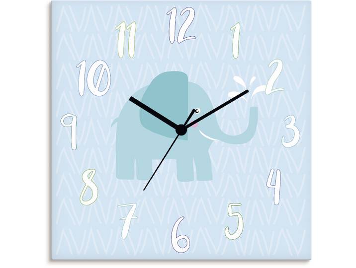 Wanduhr ARTLAND Elefant auf blau , blau, B:30cm H:30cm T:0,3cm, Wanduhren, Wanduhr, wahlweise mit Quarz- oder Funkuhrwerk, lautlos ohne Tickgeräusche