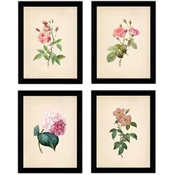 POSTER Set mit 4 Botanischen Stils Rosa weich Papier Hintergrund A4 Rahmenlos