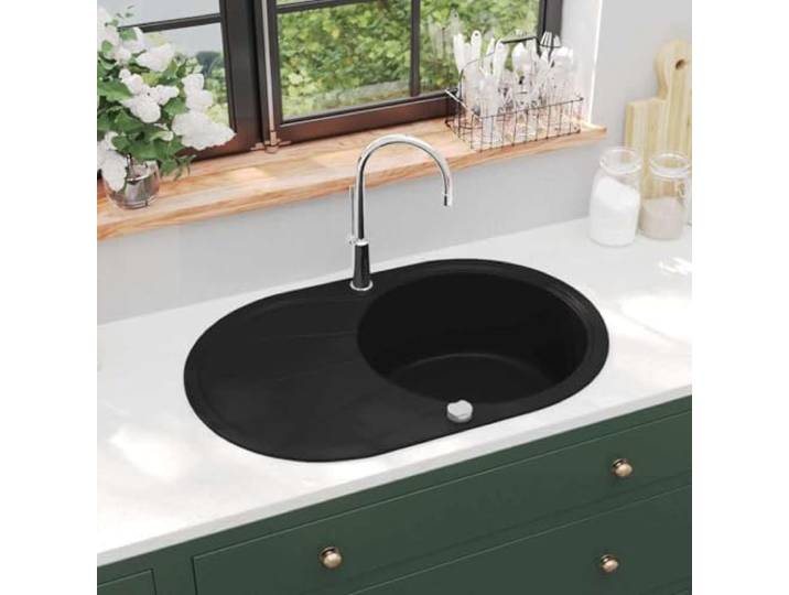 LPERTGFHU Granit Küchenspüle 770x490mm, Einzelwaschbecken Schwarz Schlagfest, Hitzebeständig bis 280 C, Kratzfest, Einfache Montage