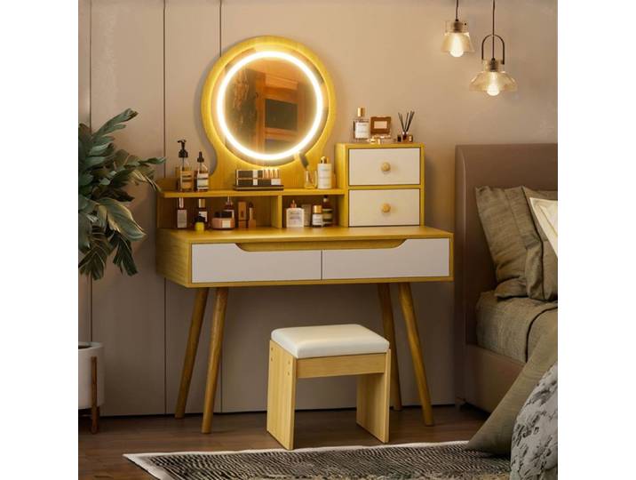 Coiffeuse Moderne avec Miroir LED Coiffeuse Table de Maquillage avec Tabouret 4 Tiroirs Bureau Coiffeuse pour Chambre à Coucher