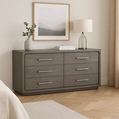 Benjara Thorne 6 Drawer Wide Dresser, Warm Gray Solid Wood Bedroom Storage