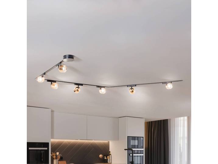 Schienensystem Lumaro, Spots, 7-flg., gold, Ø8cm,48V,dimmbar Lumaro 48V Lindby, dimmbar, schwarz, für Wohn- / Esszimmer, Kunststoff, Modern