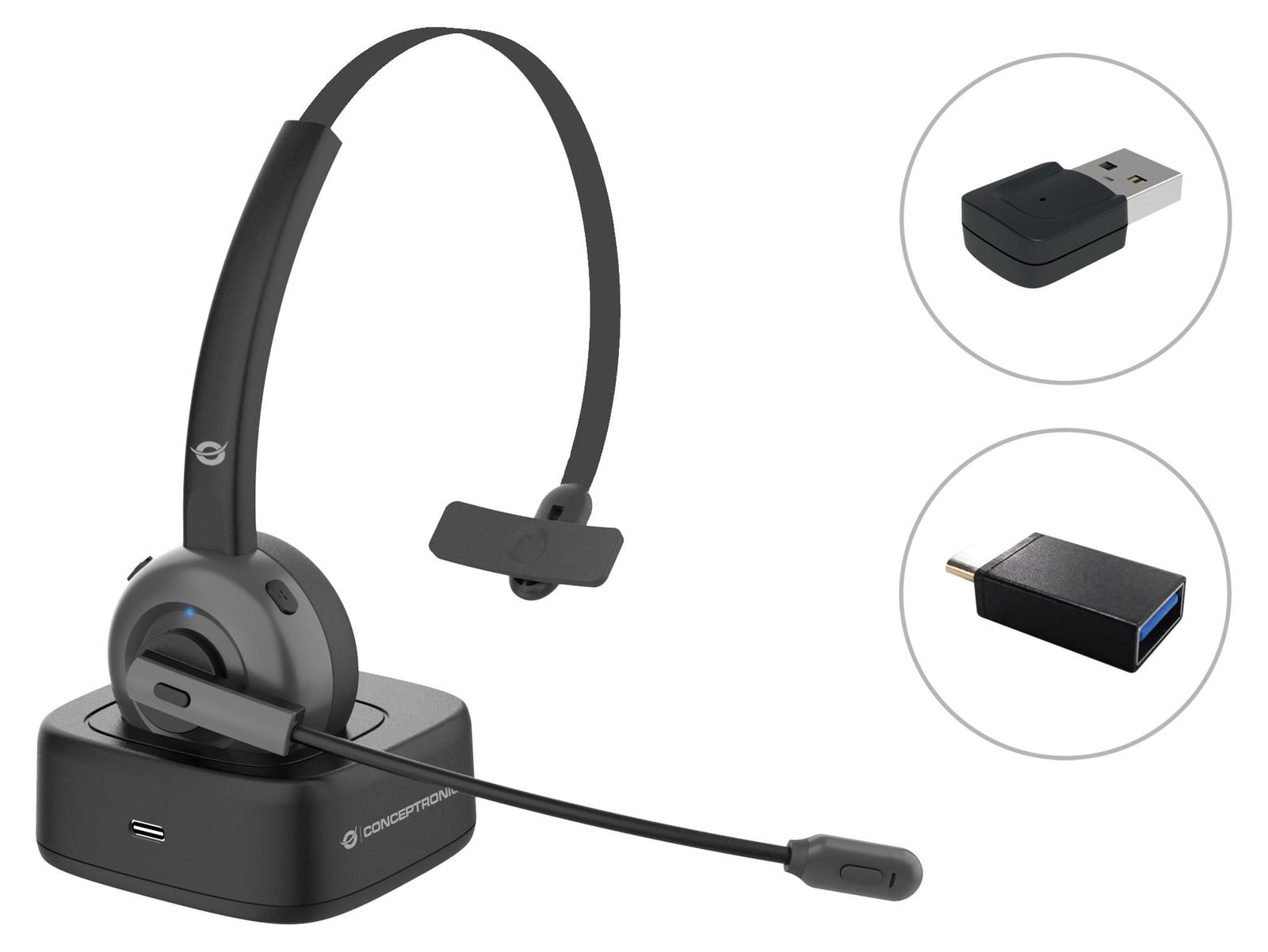 Conceptronic POLONA03BDA Draadloze Bluetooth-headset met oplaadstation en USB-audio-adapter, zwart
