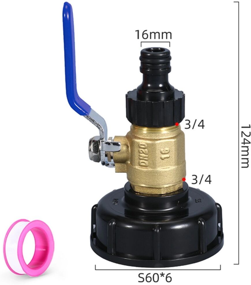 INF Kit adaptateur de cuve IBC en ABS et laiton avec robinet à boisseau double filetage mâle, poignée bleue et bec noir,