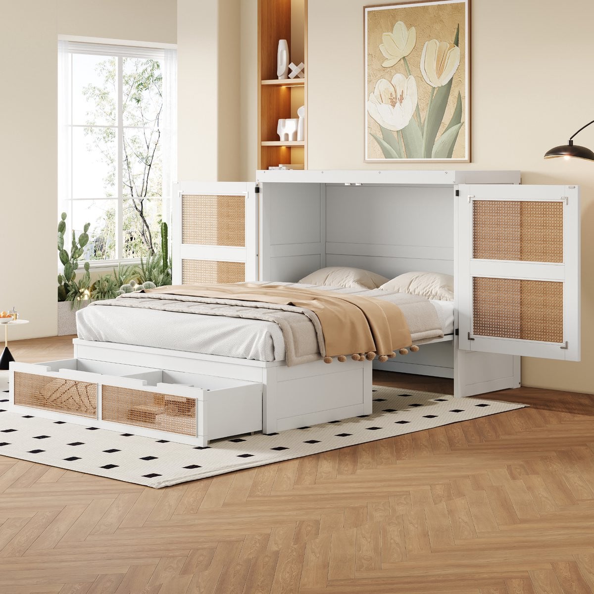 Mivray Wandklapbed met lattenbodem en opbergladen, Wit, 140 x 200 cm
